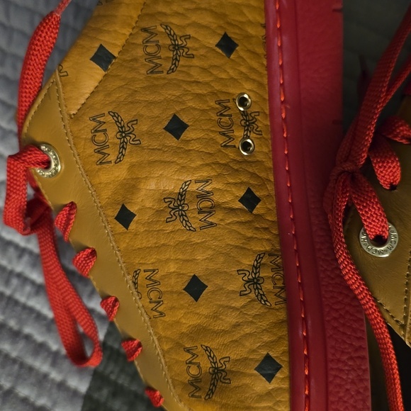 MCM Men's Color Block Terrain Lo Sneakers in Visetos Sz 44 Cognac and Red - Picture 11 of 14